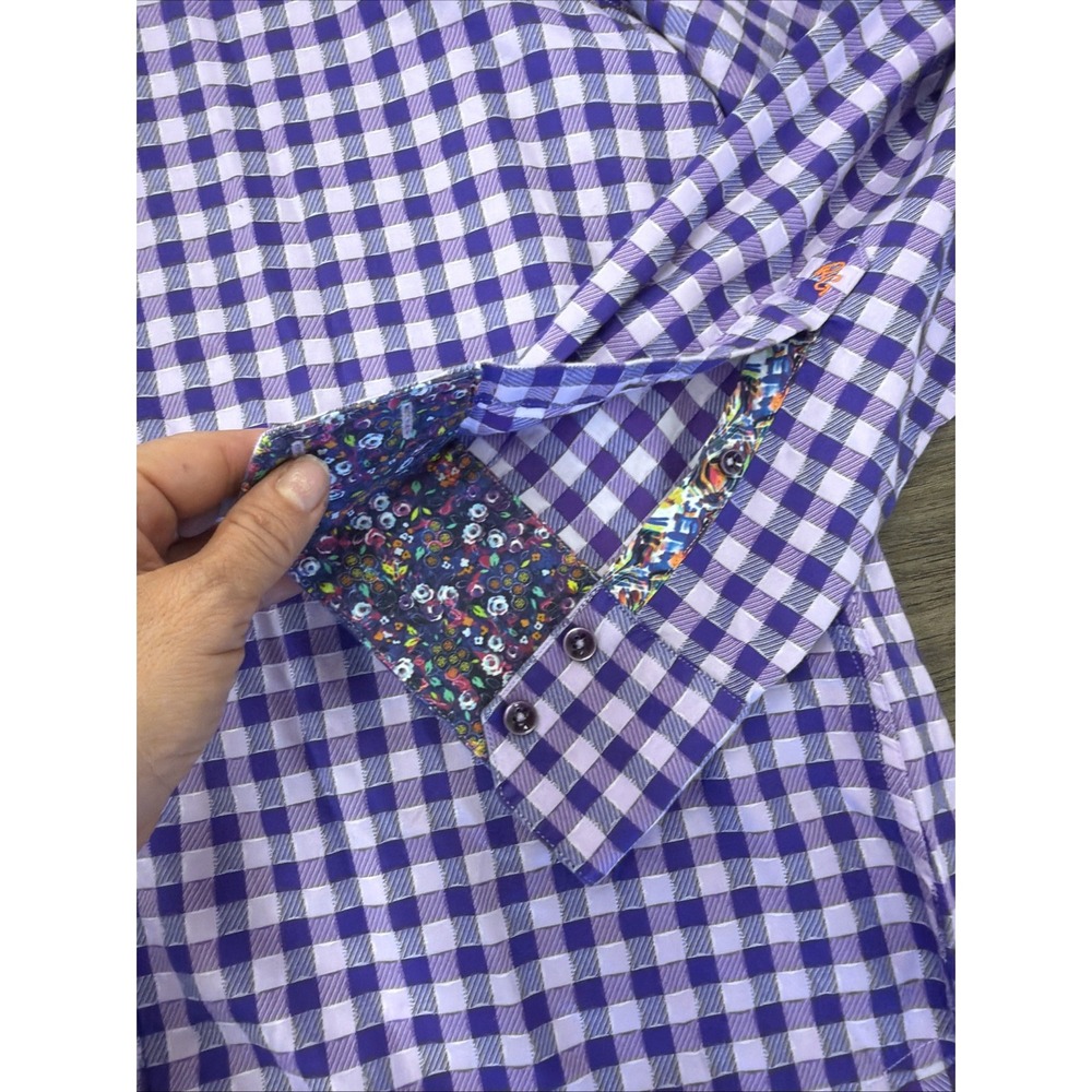 Robert Graham Mens L Purple Gingham Flip Cuff Embroidered Button Up - Picture 4 of 8